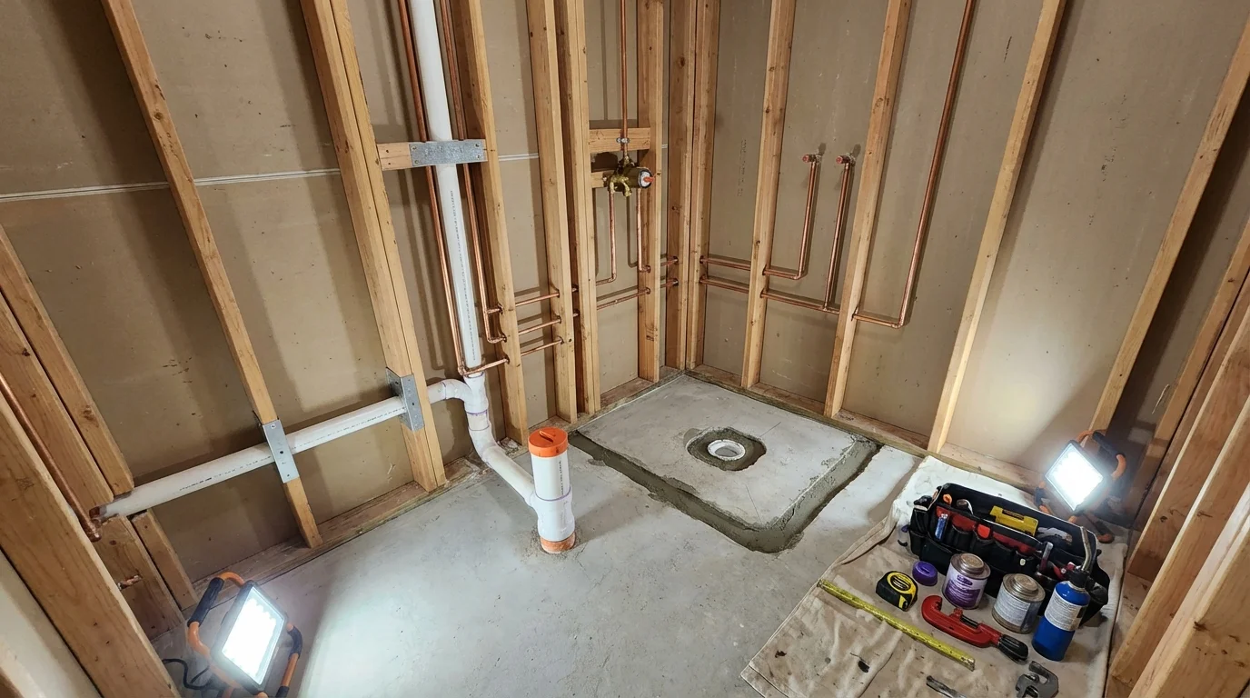 Bathroom rough-in plumbing during remodel by Johns Plumbing LLC in North Providence