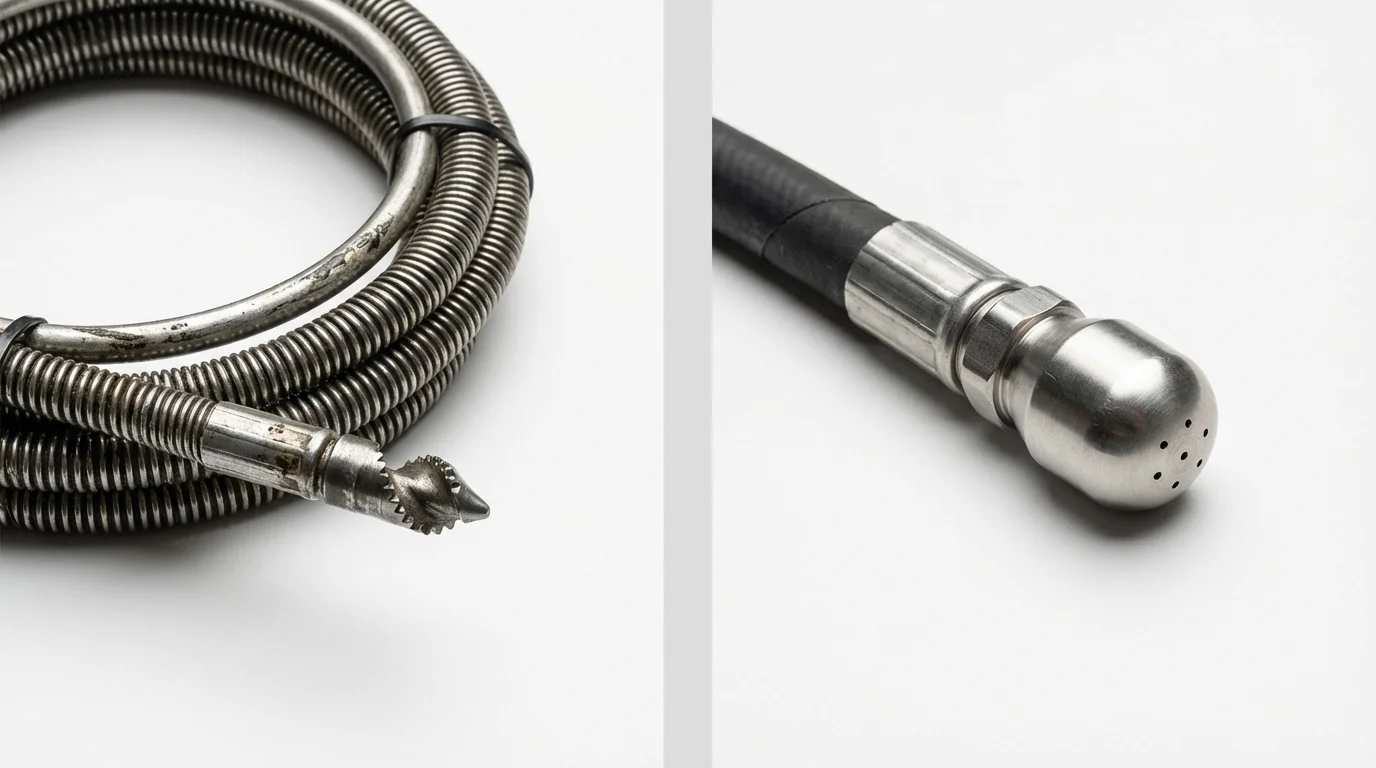 Drain snake cable and hydro jetting nozzle used for drain cleaning in North Providence, RI