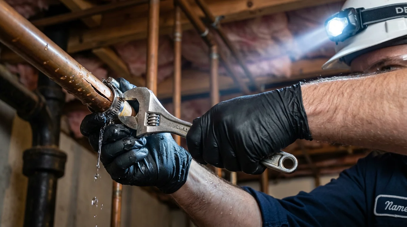 Emergency pipe clamp repair being performed by a Johns Plumbing LLC plumber in North Providence