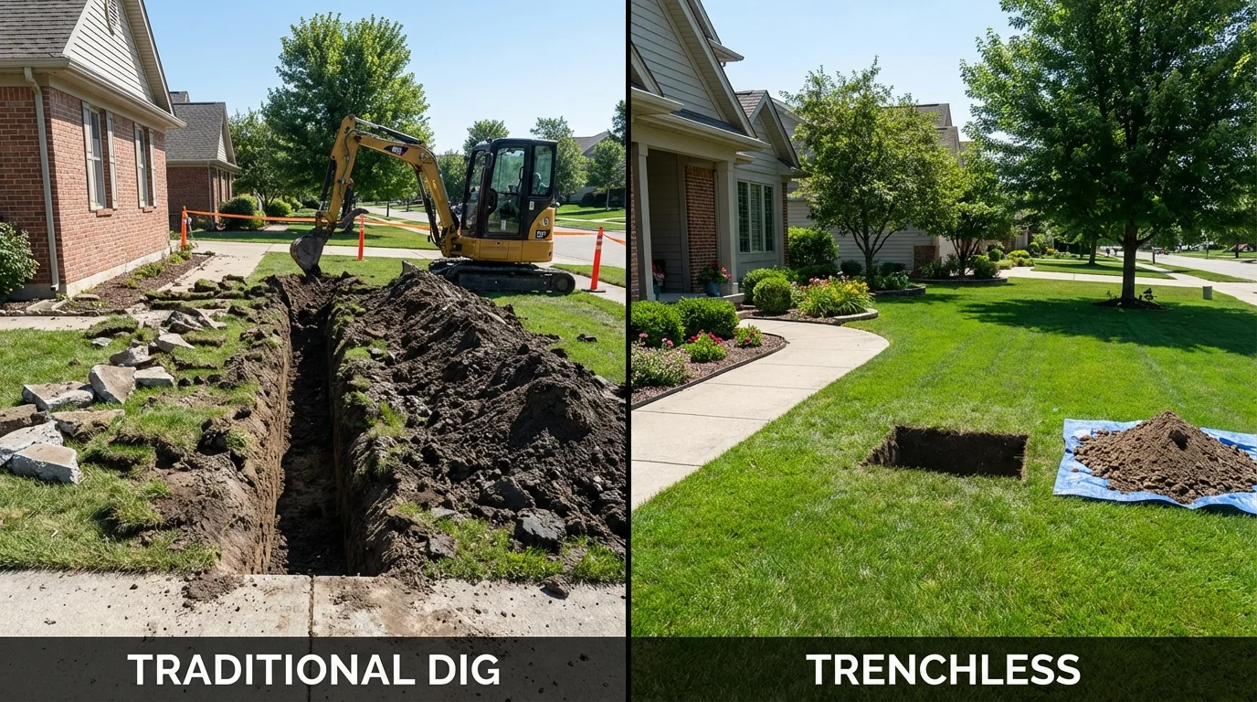 Trenchless sewer repair with minimal yard damage versus traditional excavation in North Providence, RI