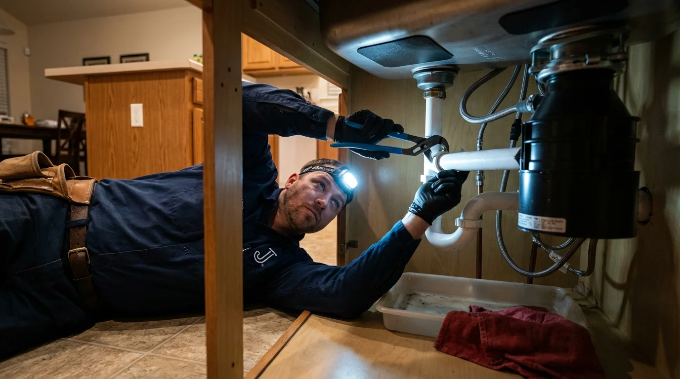 P-trap and supply line connections under a kitchen sink showing a common leak point in North Providence, RI